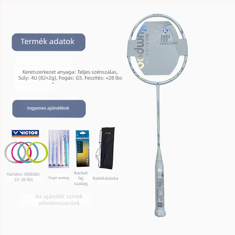 Badmintonütő Kumpoo Xunfeng K520Pro, szénszálas keret, nylon húzású, tömeg 80–84 g, fogásvastagság G5, egyes játékhoz