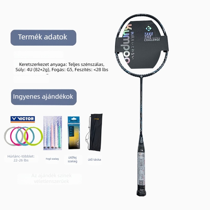 Badmintonütő Kumpoo Xunfeng K520Pro, szénszálas keret, nylon húzású, tömeg 80–84 g, fogásvastagság G5, egyes játékhoz