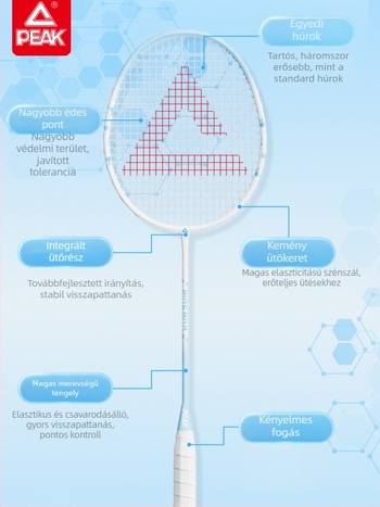 Bádminton ütő, szénszálas keret, nylon húrok, 80-84 g, közvetlen ütés
