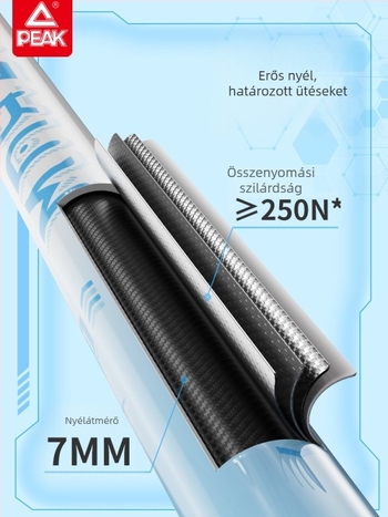 Bádminton ütő, szénszálas keret, nylon húrok, 80-84 g, közvetlen ütés
