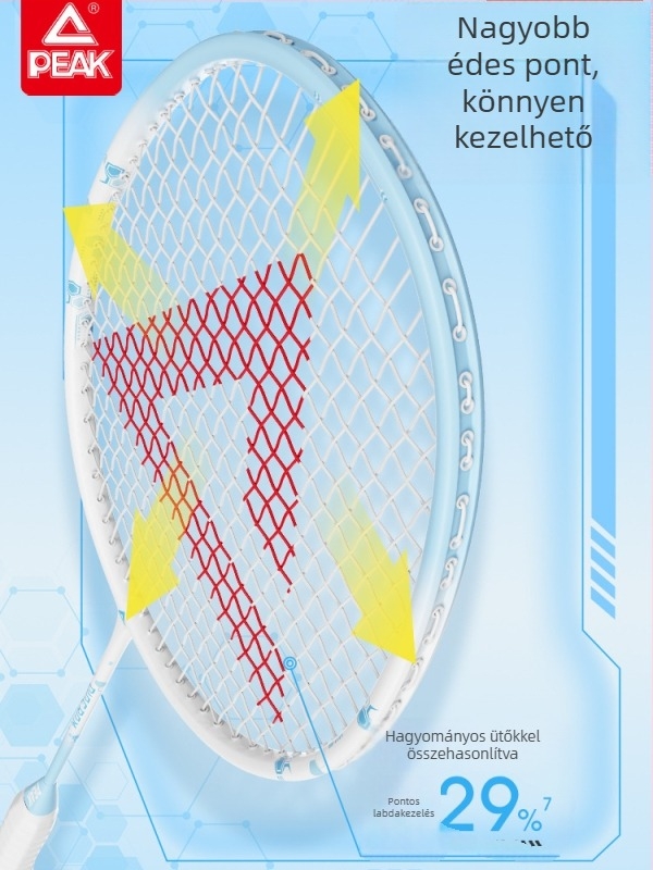 Bádminton ütő, szénszálas keret, nylon húrok, 80-84 g, közvetlen ütés