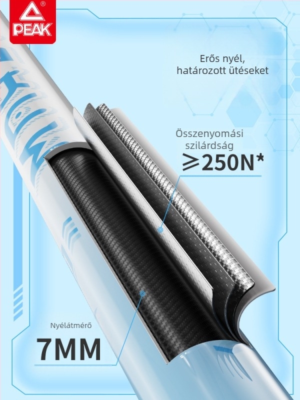 Bádminton ütő, szénszálas keret, nylon húrok, 80-84 g, közvetlen ütés