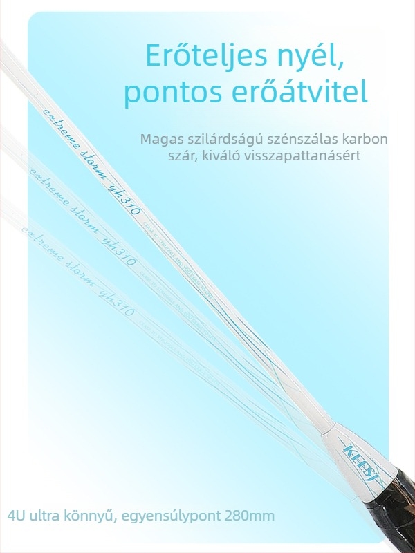 Badmintonütő – karbon-ötvözet keret; egy darabból álló konstrukció; súly 90–94 g; ütőtípus: egyenes; logónyomtatás elérhető