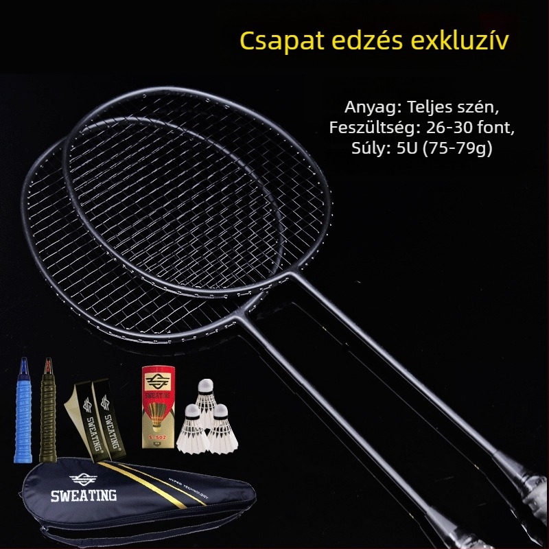 Badmintonütő szénszálas kerettel; tömeg 75–79 g; fogantyú vastagsága G4; ütőtípus: egyenes ütés