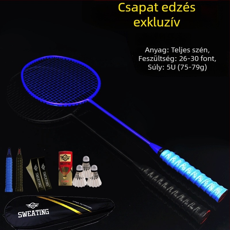 Badmintonütő szénszálas kerettel; tömeg 75–79 g; fogantyú vastagsága G4; ütőtípus: egyenes ütés