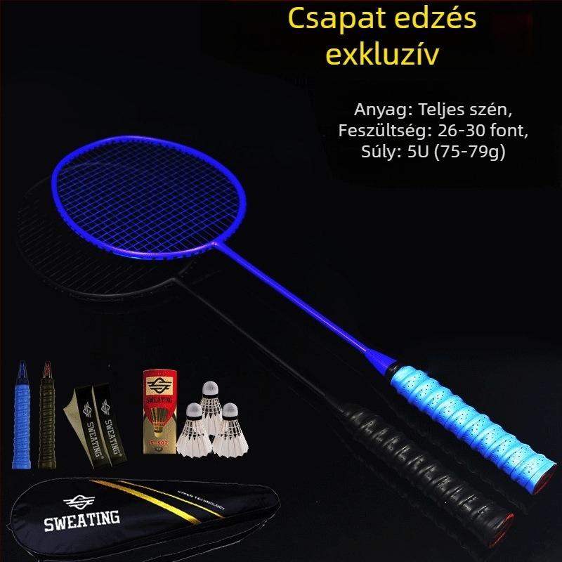 Badmintonütő szénszálas kerettel; tömeg 75–79 g; fogantyú vastagsága G4; ütőtípus: egyenes ütés