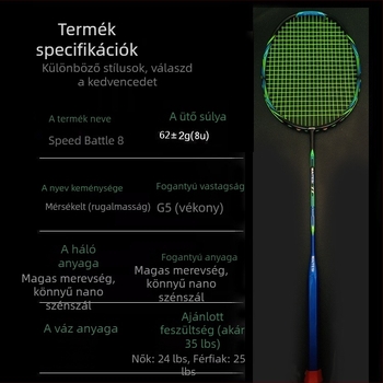 Badminton ütő, szénszálas váz, egyenes nyél, fogantyú G5, közepes hajlás, kezdőknek megfelelő