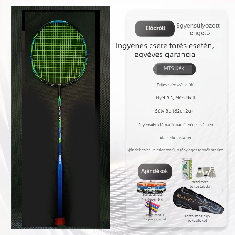 Badminton ütő, szénszálas váz, egyenes nyél, fogantyú G5, közepes hajlás, kezdőknek megfelelő