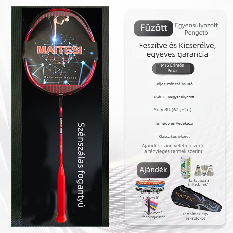 Badminton ütő, szénszálas váz, egyenes nyél, fogantyú G5, közepes hajlás, kezdőknek megfelelő