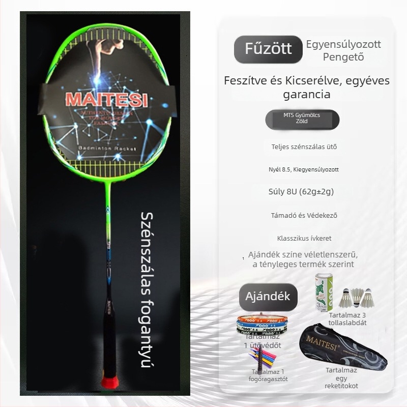 Badminton ütő, szénszálas váz, egyenes nyél, fogantyú G5, közepes hajlás, kezdőknek megfelelő