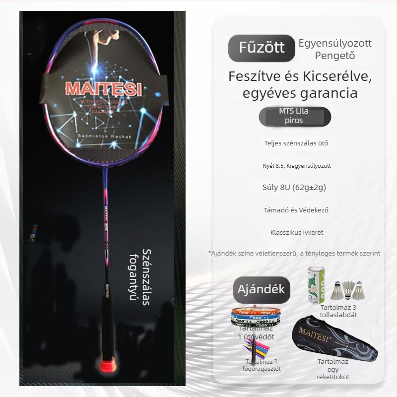 Badminton ütő, szénszálas váz, egyenes nyél, fogantyú G5, közepes hajlás, kezdőknek megfelelő