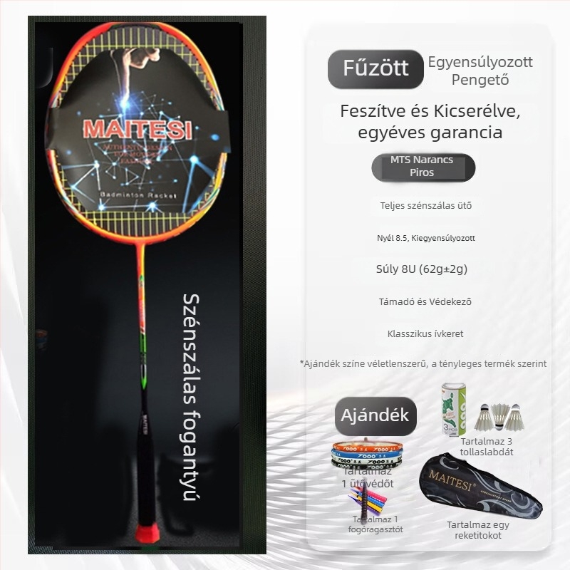 Badminton ütő, szénszálas váz, egyenes nyél, fogantyú G5, közepes hajlás, kezdőknek megfelelő