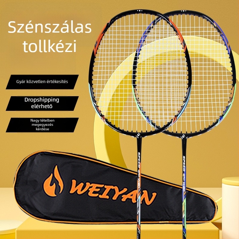 Bádmintonütő – szénszálas váz, súly 90–94 g, 2 darabos készlet, egyenes nyelet, kezdőknek és haladóknak