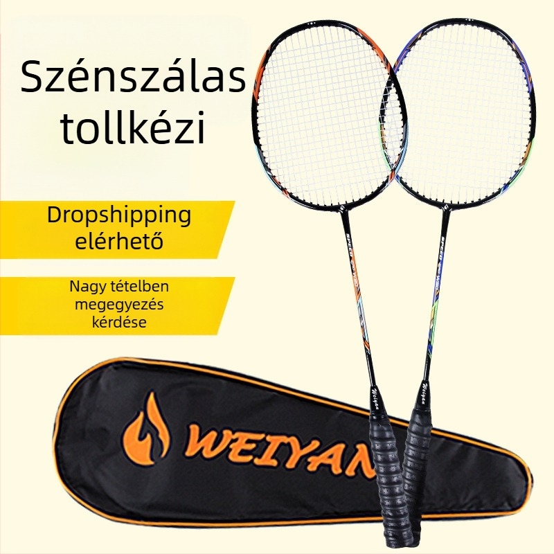 Bádmintonütő – szénszálas váz, súly 90–94 g, 2 darabos készlet, egyenes nyelet, kezdőknek és haladóknak