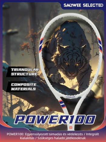 Teniszütő karbon szálas kerettel, nejlon húrokkal, tömege 95–100 g, extrém kemény, direkt ütés