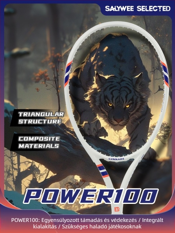 Teniszütő karbon szálas kerettel, nejlon húrokkal, tömege 95–100 g, extrém kemény, direkt ütés