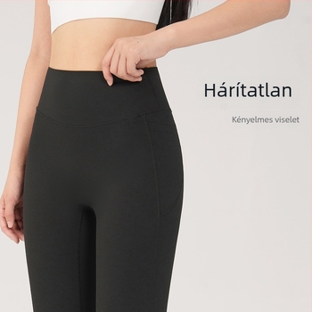 Női jóga nadrág, magas derék, rövid fazon, szorosan illeszkedő, légáteresztő nylon-spandex anyag (80% nylon, 20% spandex).