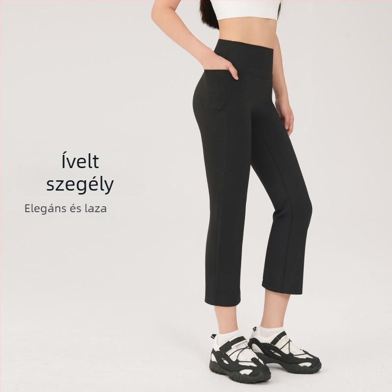 Női jóga nadrág, magas derék, rövid fazon, szorosan illeszkedő, légáteresztő nylon-spandex anyag (80% nylon, 20% spandex).