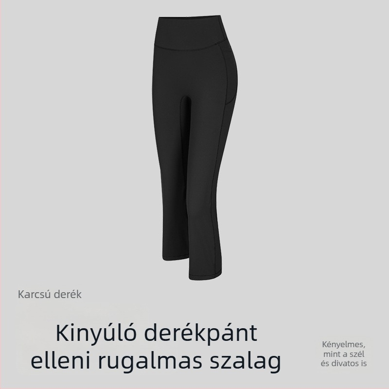 Női jóga nadrág, magas derék, rövid fazon, szorosan illeszkedő, légáteresztő nylon-spandex anyag (80% nylon, 20% spandex).