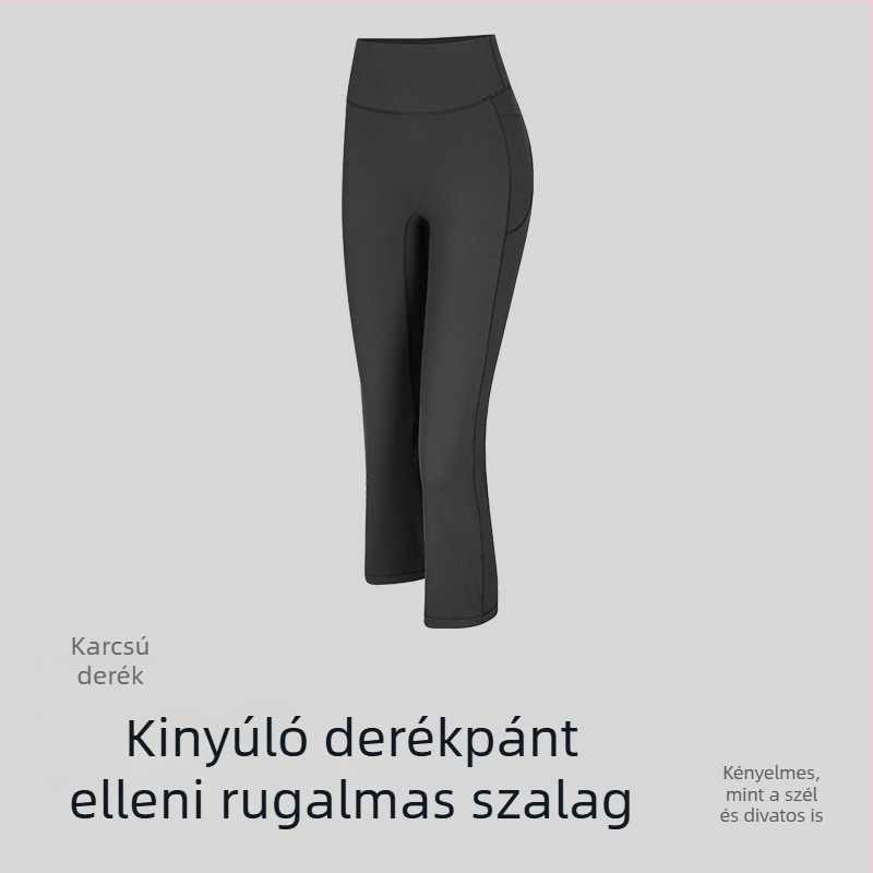 Női jóga nadrág, magas derék, rövid fazon, szorosan illeszkedő, légáteresztő nylon-spandex anyag (80% nylon, 20% spandex).