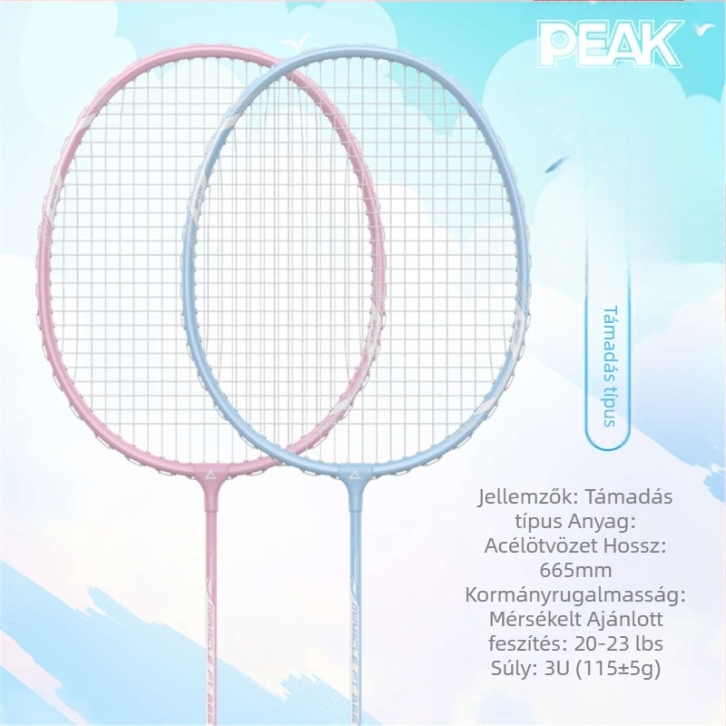 Peak tollaslabdaütő – Szénszálas váz, Nylon húrok, Súly 95–100 g, Markolat vastagsága G5, Húzás 20–23 lb