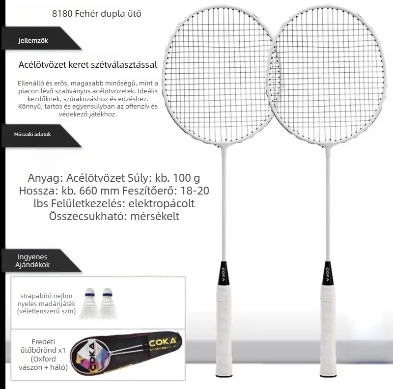 Ferroalloy keretű tollasütő; Nylon húrok; súly 95–100 g; markolat G5; egyenes lövés