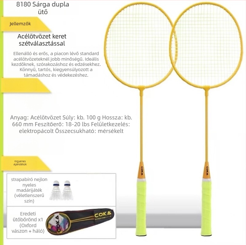 Ferroalloy keretű tollasütő; Nylon húrok; súly 95–100 g; markolat G5; egyenes lövés