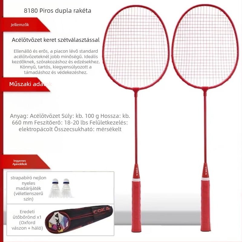 Ferroalloy keretű tollasütő; Nylon húrok; súly 95–100 g; markolat G5; egyenes lövés