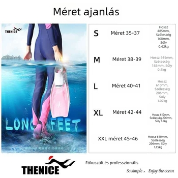 Thenice hosszú uszonyok úszáshoz, snorkelezéshez és szabad merüléshez, csúszásmentes; Anyagok: TPR gumi, PP; Testreszabás elérhető; Magáncímke elérhető