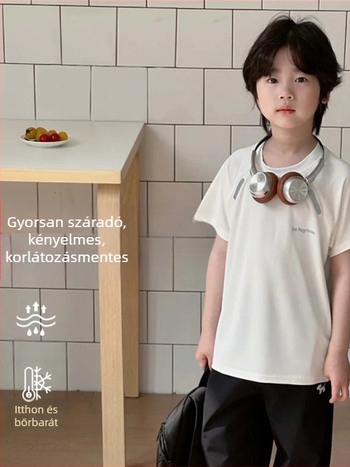 Gyerekeknek szóló rövid ujjú gyorsan száradó hálós póló nyárra, 7–12 éveseknek, poliészter anyag.