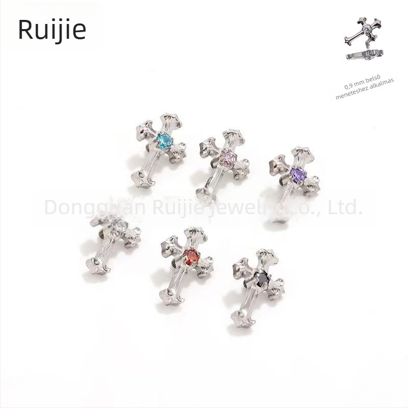 F136 titánötvözet kereszt alakú fülbevaló, vintage stílus, polírozott, 5A cirkónnal