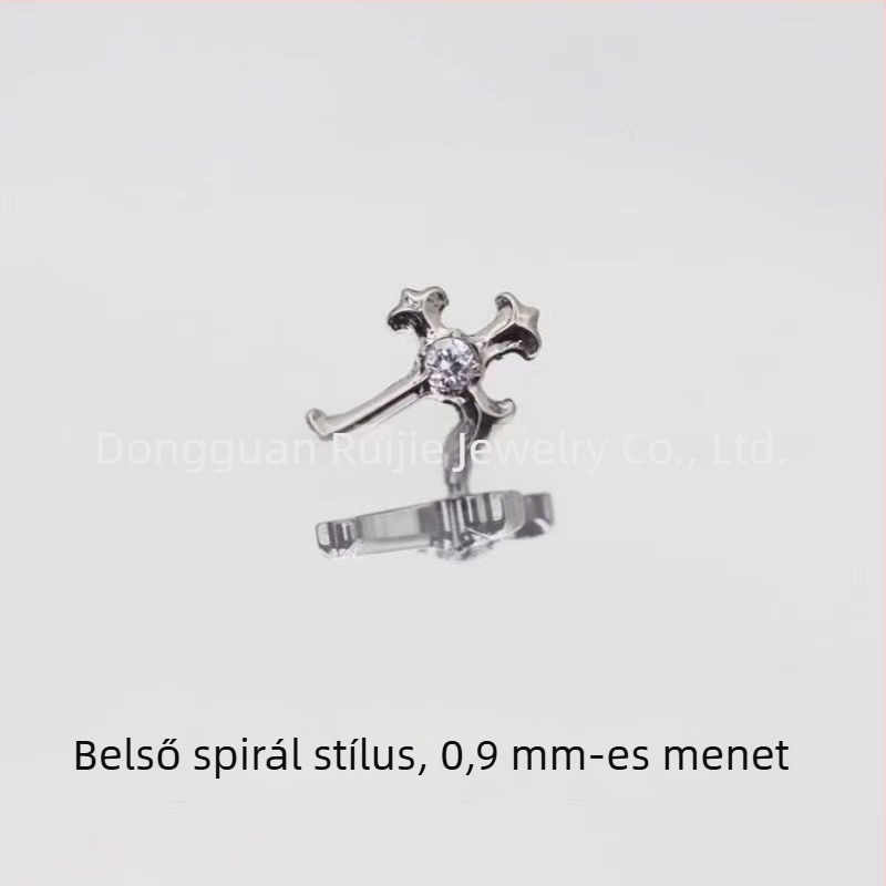 F136 titánötvözet kereszt alakú fülbevaló, vintage stílus, polírozott, 5A cirkónnal