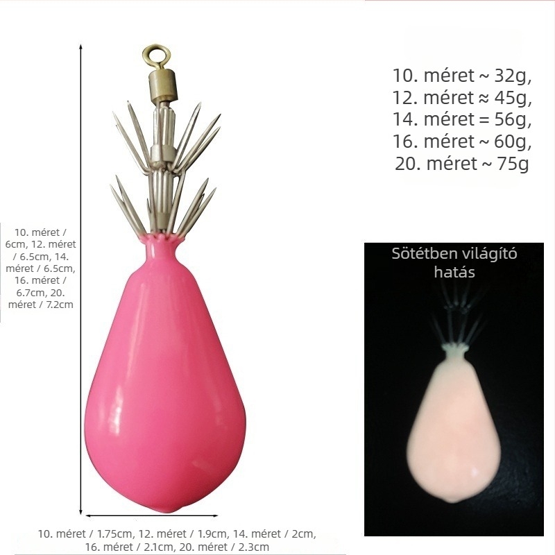 Biomimikus tintahal csali tengeri horgászatra, világító testtel, teardrop alakú ólomsúly és kétszintes 10ágú horog