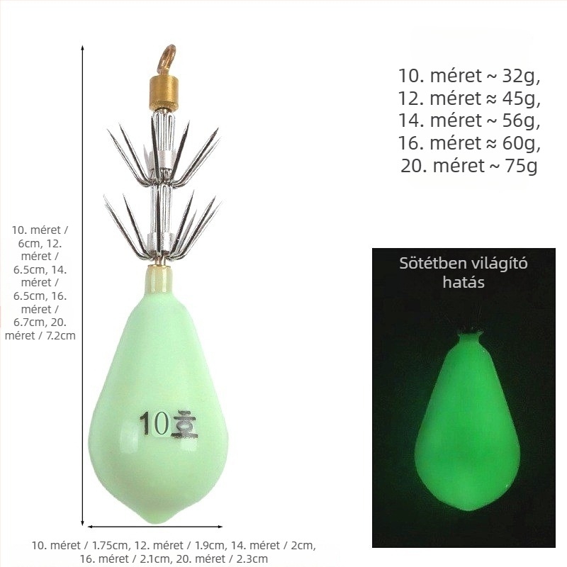 Biomimikus tintahal csali tengeri horgászatra, világító testtel, teardrop alakú ólomsúly és kétszintes 10ágú horog