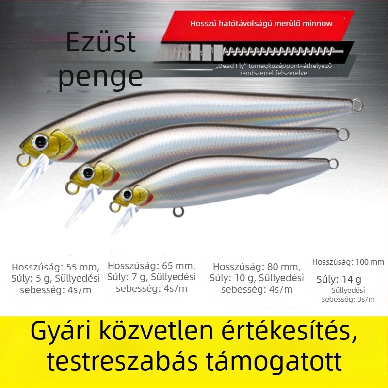 Távolsági dobásra tervezett műcsali: süllyedő minnow ezüst pengével; minnow ezüst pengével és Dead Fly rendszer