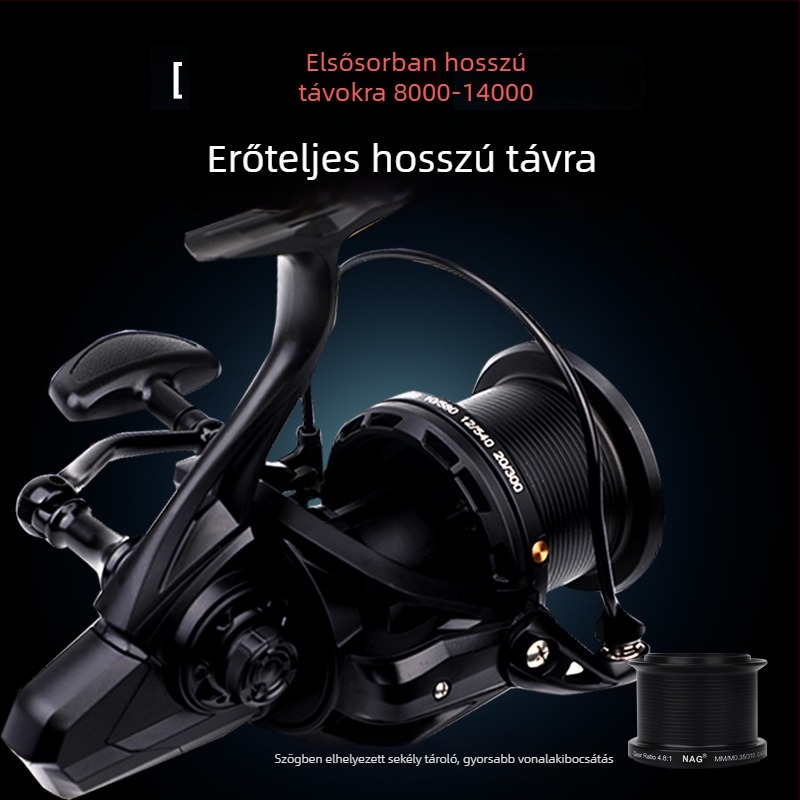 ROLLFISH hosszú dobású spinning orsó, modell 14000, teljes fémből készült konstrukció, elülső fék, cserélhető hajtókar balra és jobbra