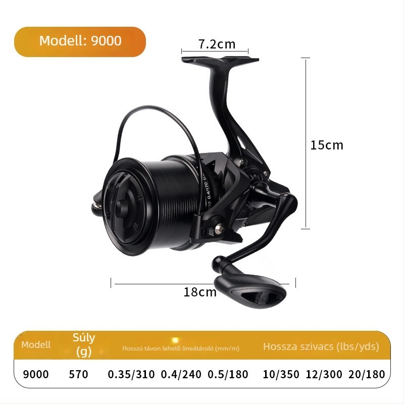 ROLLFISH hosszú dobású spinning orsó, modell 14000, teljes fémből készült konstrukció, elülső fék, cserélhető hajtókar balra és jobbra