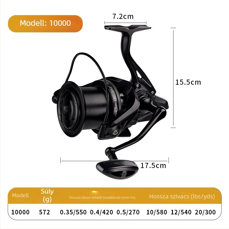 ROLLFISH hosszú dobású spinning orsó, modell 14000, teljes fémből készült konstrukció, elülső fék, cserélhető hajtókar balra és jobbra