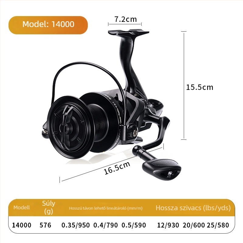 ROLLFISH hosszú dobású spinning orsó, modell 14000, teljes fémből készült konstrukció, elülső fék, cserélhető hajtókar balra és jobbra