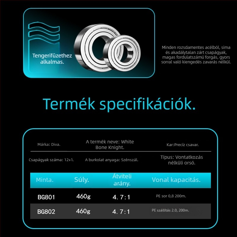 DIWA/Diva 801 White Knight horgászorsó – rozsdamentes acél csapágyak, karbonszálas test, 460 g súly