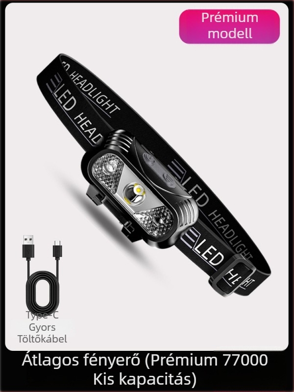 LED fejlámpa mozgásérzékelővel, USB-töltéses, fejre rögzíthető, éjszakai futáshoz és horgászathoz, 800mAh akkumulátor, 3W LED