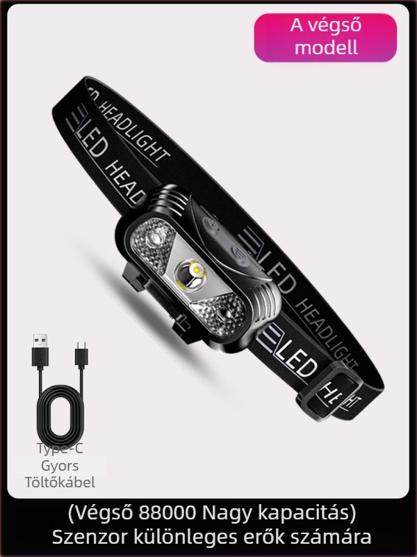 LED fejlámpa mozgásérzékelővel, USB-töltéses, fejre rögzíthető, éjszakai futáshoz és horgászathoz, 800mAh akkumulátor, 3W LED