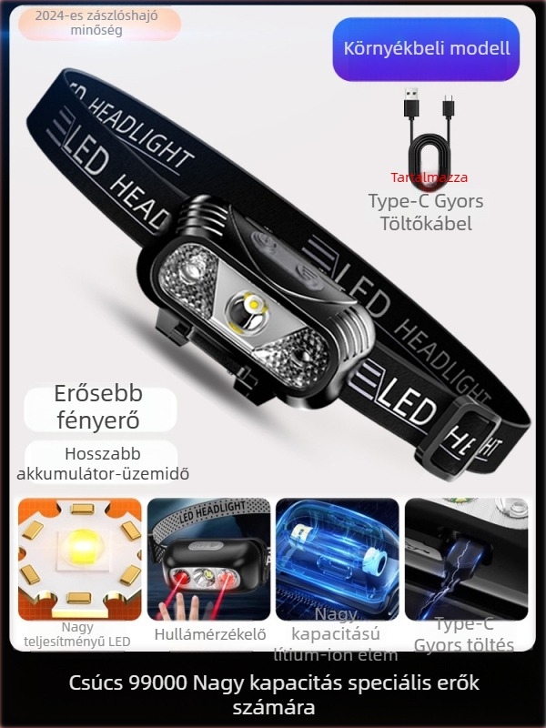 LED fejlámpa mozgásérzékelővel, USB-töltéses, fejre rögzíthető, éjszakai futáshoz és horgászathoz, 800mAh akkumulátor, 3W LED