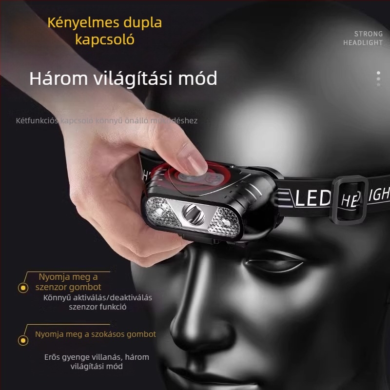 LED fejlámpa mozgásérzékelővel, USB-töltéses, fejre rögzíthető, éjszakai futáshoz és horgászathoz, 800mAh akkumulátor, 3W LED