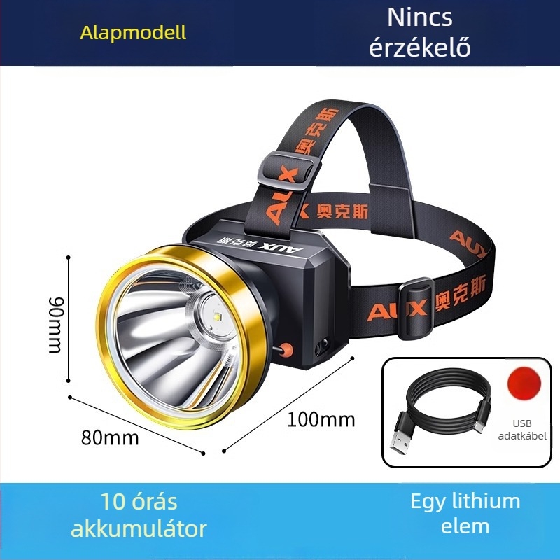 Újratölthető LED fejlámpa kültéri használatra — hosszú üzemidő, fejre szerelhető világítás, éjszakai horgászatra, éjszakai közlekedéshez és gödrök észleléséhez