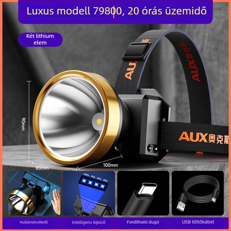 Újratölthető LED fejlámpa kültéri használatra — hosszú üzemidő, fejre szerelhető világítás, éjszakai horgászatra, éjszakai közlekedéshez és gödrök észleléséhez