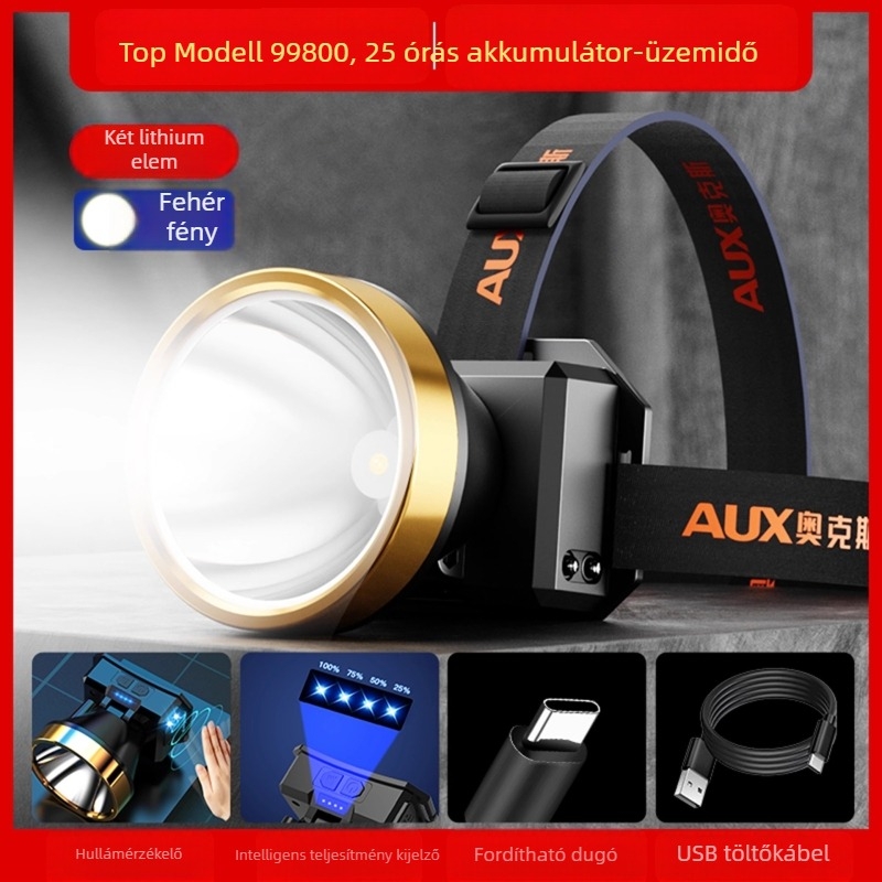 Újratölthető LED fejlámpa kültéri használatra — hosszú üzemidő, fejre szerelhető világítás, éjszakai horgászatra, éjszakai közlekedéshez és gödrök észleléséhez