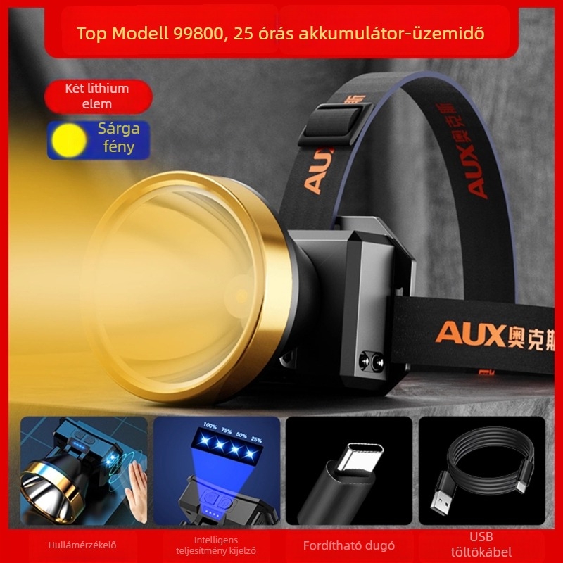 Újratölthető LED fejlámpa kültéri használatra — hosszú üzemidő, fejre szerelhető világítás, éjszakai horgászatra, éjszakai közlekedéshez és gödrök észleléséhez