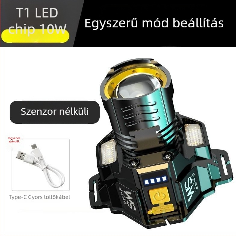 Indukciós LED fejlámpa – akkumulátoros működés | 15–20W | lézeres fényforrás | műgyanta test