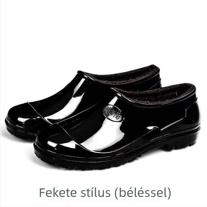 Férfiaknak szánt alacsony szárú esőcsizma fleece-béléssel, meleg, vízálló, csúszásmentes, kopásálló, műbőr hatású